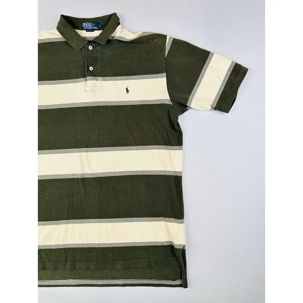 Vintage Polo Ralph Lauren Striped Rugby Polo Shirt Olive Cream Adult L Cotton